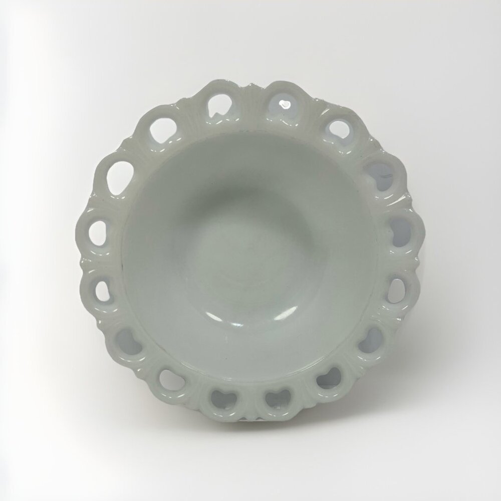Vintage Anchor Hocking Old Colony Open Lace Edge milk glass bowl 9.5”